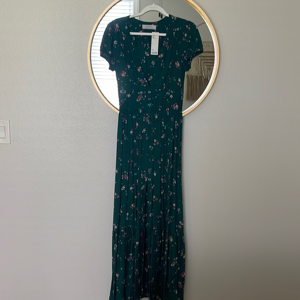 Maxi dress, deep green with floral details. Size 4
